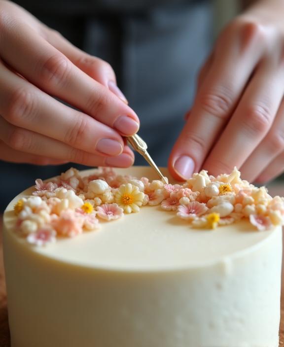 Mani di un'artigiana che decora una torta con petali di fiori con precisione e arte