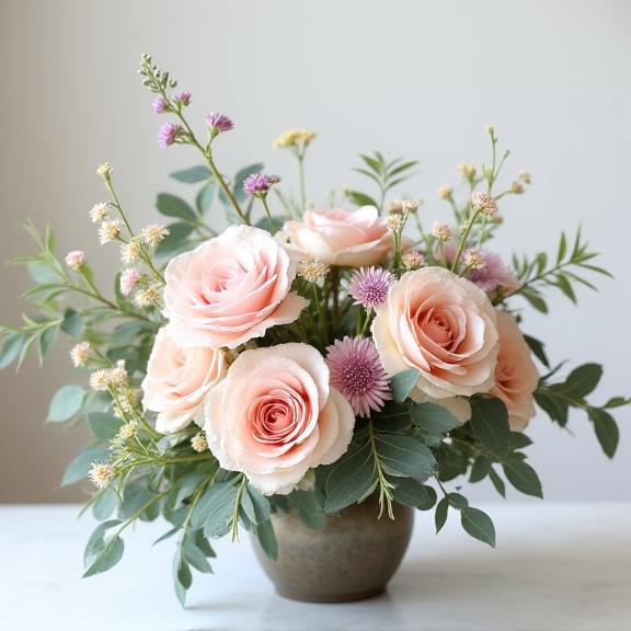 Composizione floreale artistica con rose color pastello, eucalipto e fiori di campo