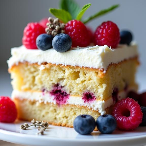 Dettaglio di una torta artigianale con glassa bianca e frutta fresca di stagione