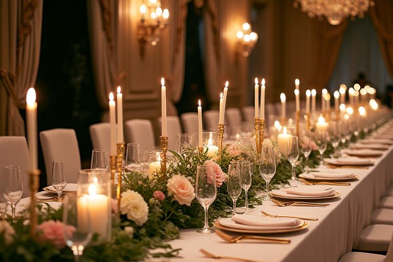 Tavolo imperiale elegantemente allestito per un matrimonio, con un lungo runner floreale ed elementi dorati