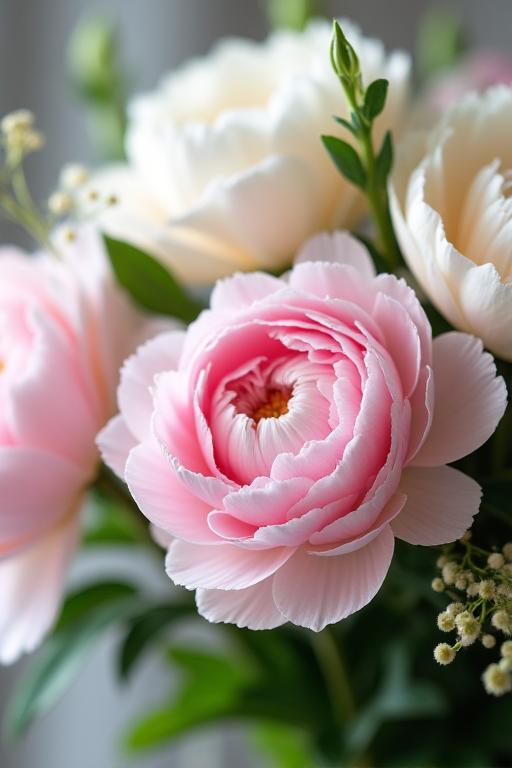 Bouquet da sposa delicato con peonie rosa e bianche, astilbe e fogliame