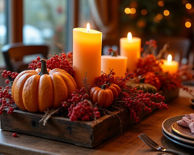 Ricco centrotavola autunnale con zucche decorative, bacche rosse, foglie secche e candele accese
