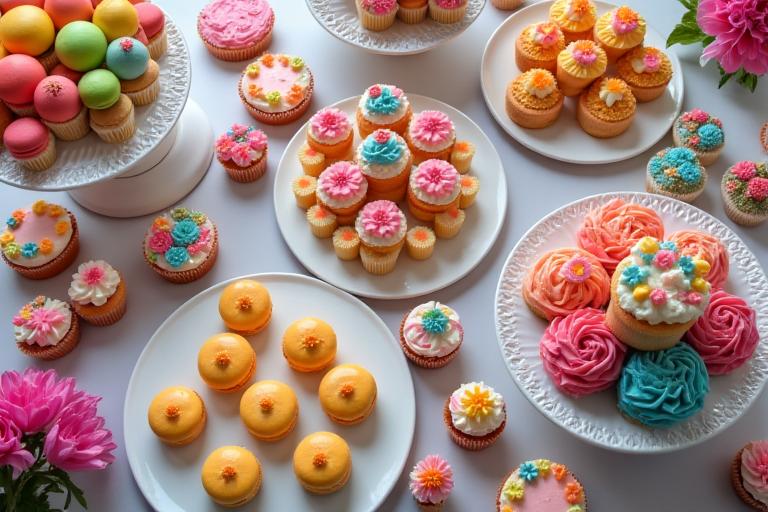 Lussuoso dessert table ricco di macaron colorati, cupcake decorati e piccole torte elaborate