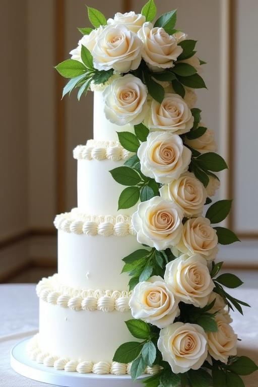 Maestosa torta nuziale a più piani decorata con una cascata di rose bianche e verdi