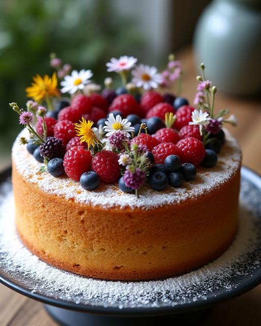 Torta seminuda (naked cake) decorata con frutti di bosco freschi e fiori di campo profumati