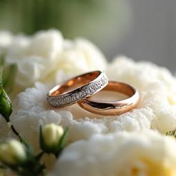 Fedi nuziali posate delicatamente su un cuscino di fiori misti