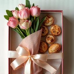 Elegante confezione regalo con un mazzo di fiori freschi e una scatola di pasticcini